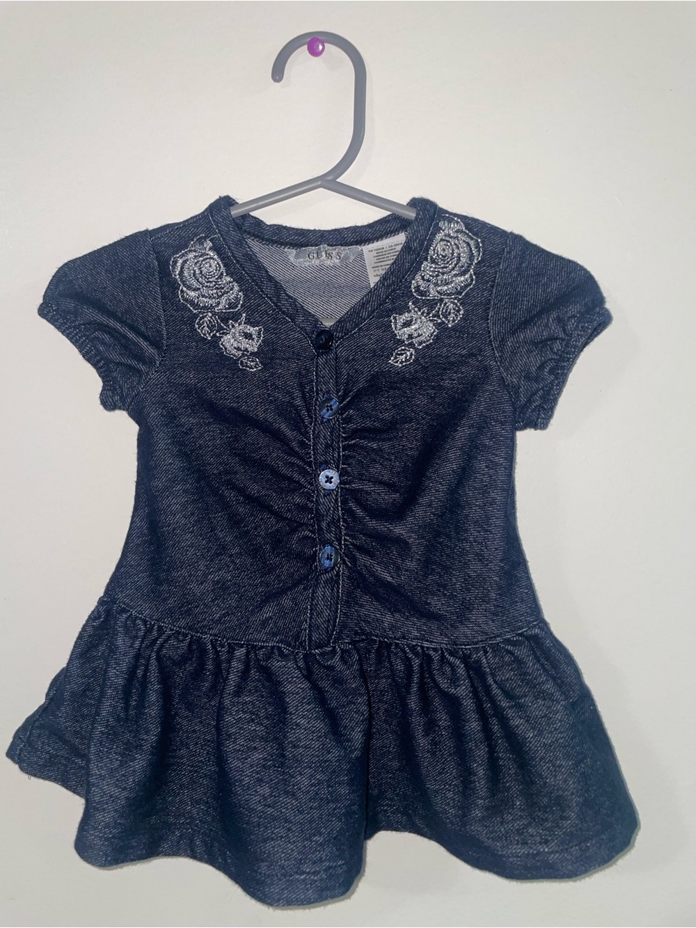 Guess Navy Short-Sleeve Floral Embroidered Button Dress